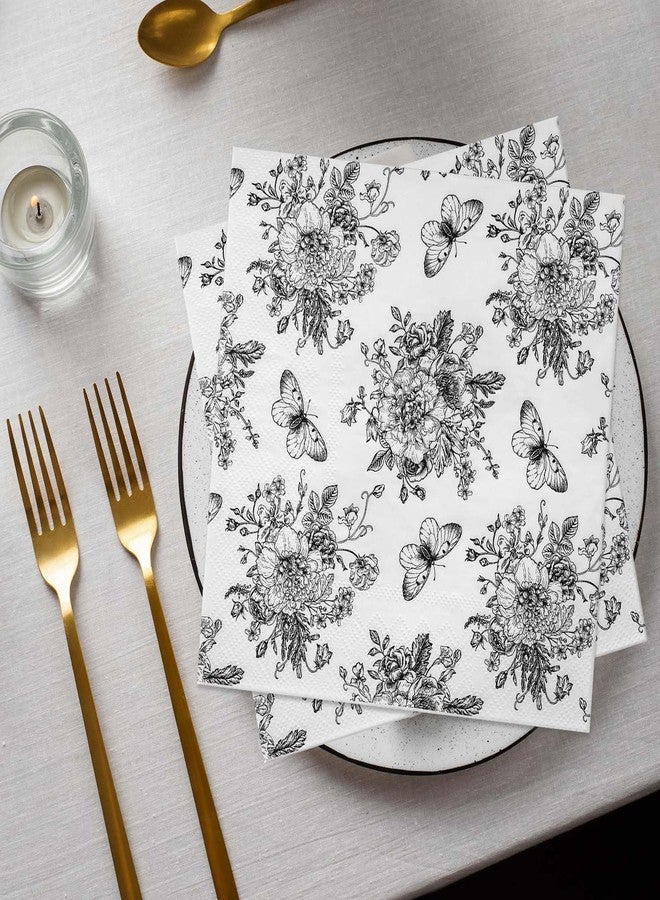 Whaline 100 Counts Floral Paper Napkins Black White Vintage Flower Disposable Napkins Sketched Decorative Luncheon Dinner Table Napkins for Spring Summer Birthday Party Supplies - Image 4